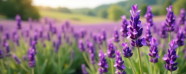 Vibrant purple Lavandula stoechas blooms in untamed field , Provence, aromatic