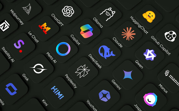 Ho Chi Minh City, Viet Nam - Mar, 30th, 2025 Illustration of ChatGPT, Gemini, DeepSeek, Copilot, meta AI, Claude, Grok, Kimi, Qwen, Notion, Jasper, Perplexity, You chat... on dark background