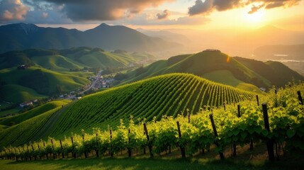Naklejka premium A detailed dawn photo of Lavaux Vineyards in Switzerland with cloudy skies. Shot from an ordinary perspective, capturing the rolling hills of vineyards under soft, diffused light.