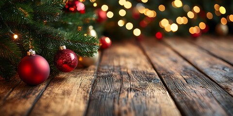 A festive Christmas scene features ornaments and wooden texture