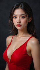 Elegant Asian Woman in Red Strappy Dress with Bold Red Lipstick