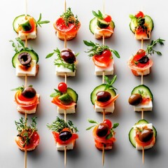 Bite-sized appetizers mini snacks cheese concept. Colorful skewers of fresh ingredients, including vegetables and salmon, arranged neatly for a delightful appetizer presentation.