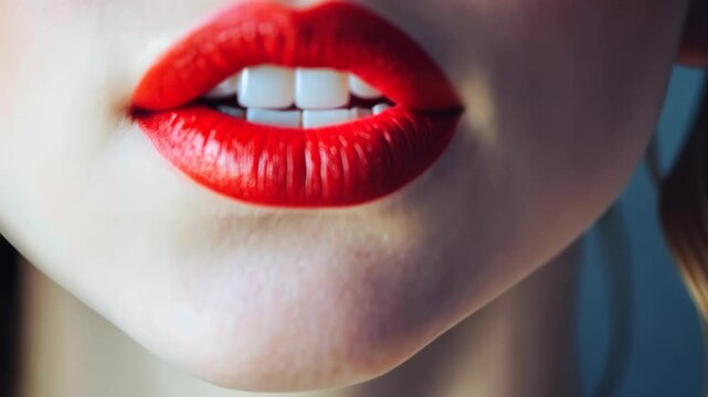 Close-up of vibrant red lips showcasing bold makeup and a hint of a smile during an indoor photo session