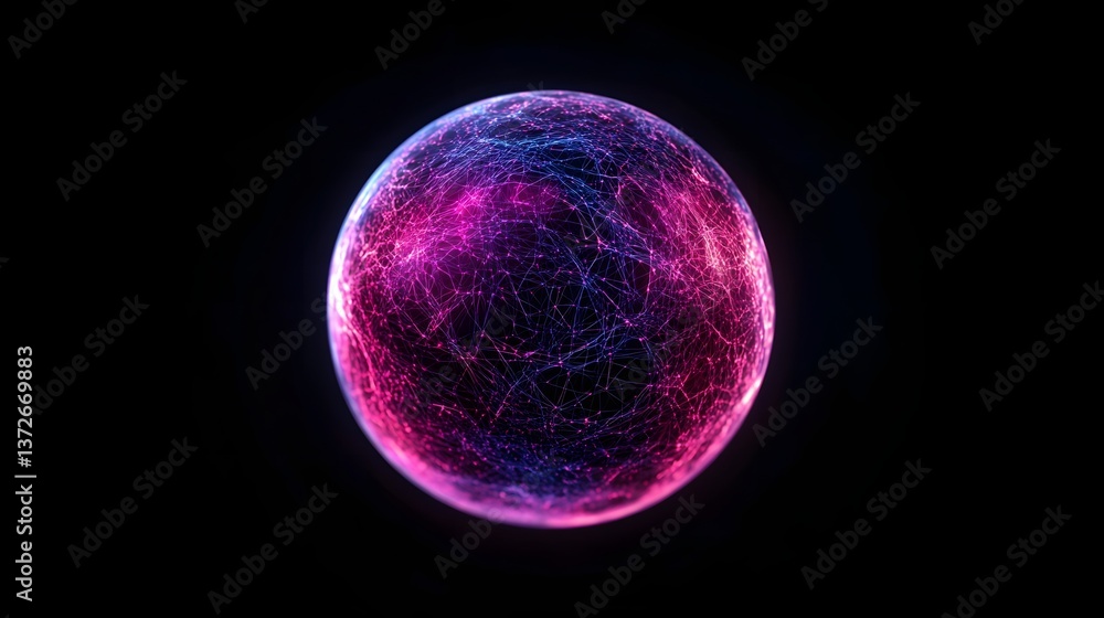 Poster holographic 3d globe floating in dark space with global network connections, high-tech concept visua