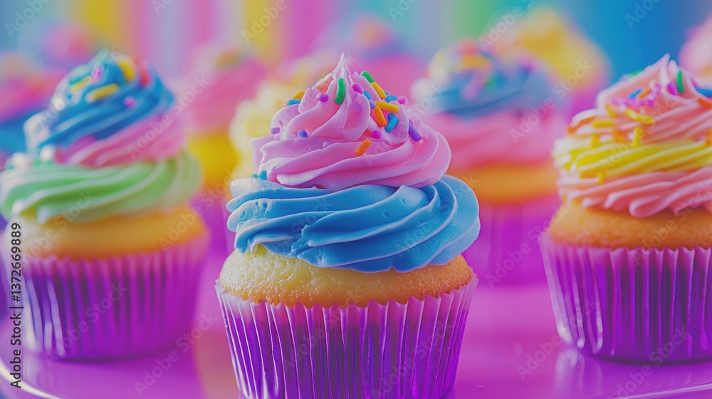 Poster colorful cupcakes with neon icing and rainbow sprinkles create a vibrant bakery delight in a close-u