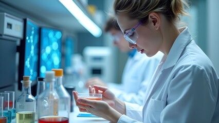 Fototapeta premium Scientist Examining Sample in Lab for Medical Research and Scientific Discovery
