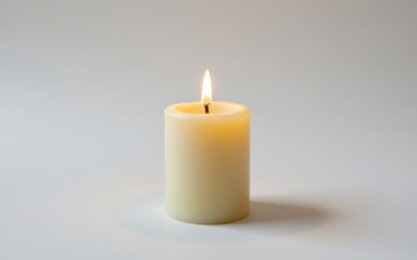 A lit cream-colored candle on a smooth surface, creating a warm and tranquil ambiance