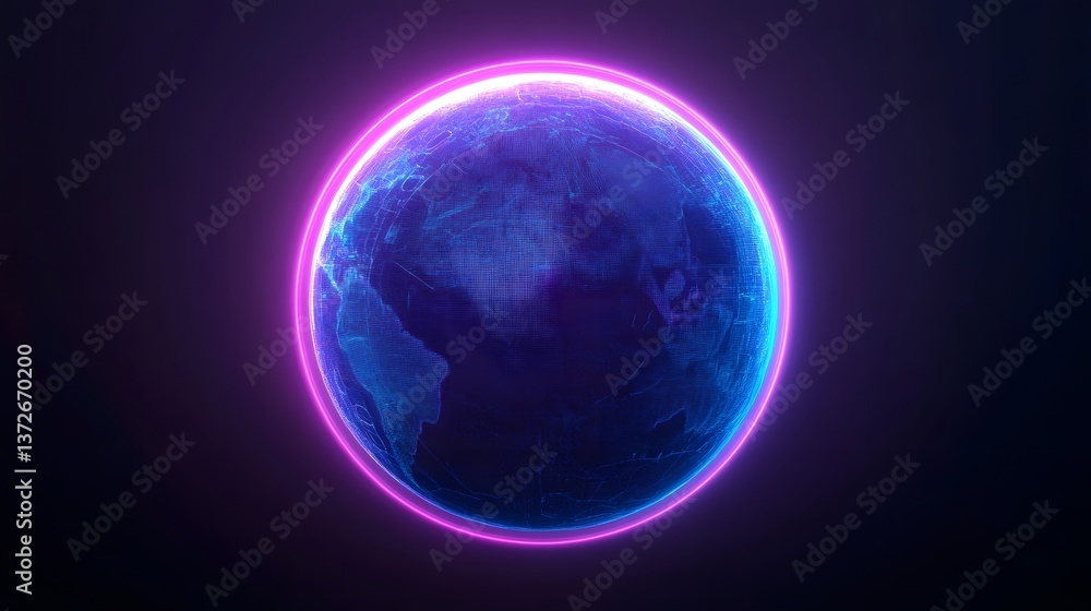 Poster glowing digital planet with neon data streams, futuristic background