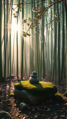 meditation stacked rocks in the bamboo forest in the morning.