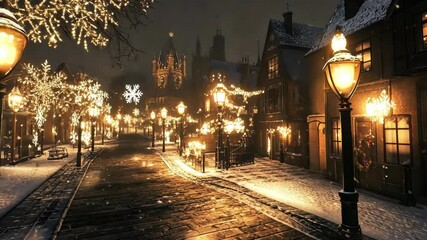 Winter night street adorned with festive lights and decorations in a quaint town