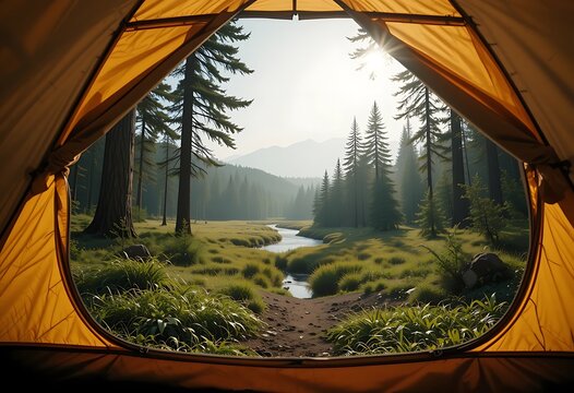 View from inside a tent overlooking a meadow with a river and forest on a sunny summer morning