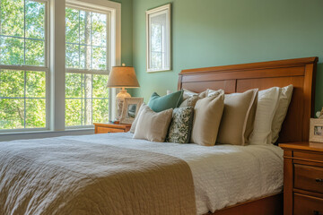 Fototapeta premium A cozy and inviting bedroom with a wooden headboard and soft green walls for a warm and relaxing design