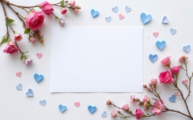 A blank card framed by pink and blue paper hearts alongside delicate flowers on a light background