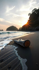 The log at the beach at sunrise.