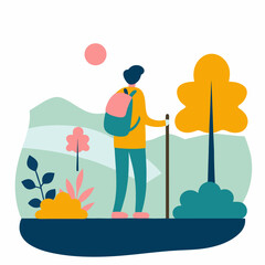 Backpacker exploring nature with a happy mood in a colorful landscape