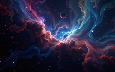 A colorful cosmic scene featuring swirling clouds, vibrant gaseous formations, and celestial elements