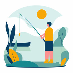 Fototapeta premium Man fishing by the lake under the sun with a peaceful atmosphere 