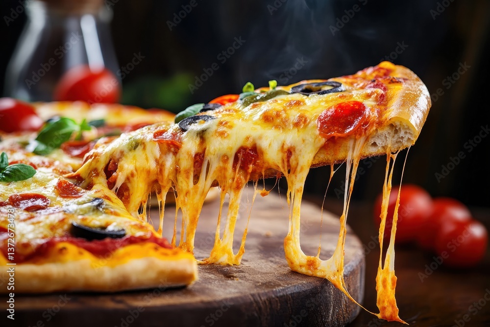 Poster delicious pizza slice with gooey cheese and vibrant toppings captured in high-speed photography