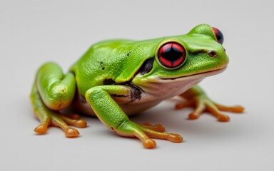 Obraz premium A vibrant green frog with striking red eyes and detailed skin texture, posed on a neutral background