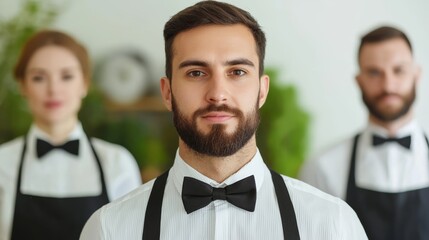 Culinary service team preparation upscale restaurant professional staff portrait indoor setting close-up view teamwork and excellence