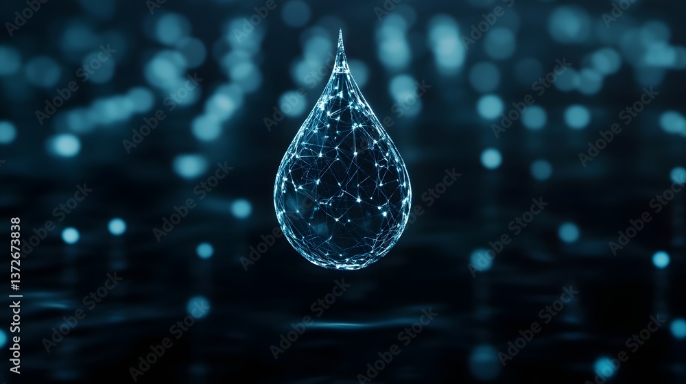 Aufkleber futuristic digital holographic water drop floating in dark space with data particles