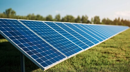 Harnessing solar energy solar panels in a green field photographic image bright daylight natural setting close-up view renewable energy concept
