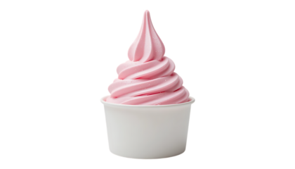realistic soft serve frozen yogurt with pink swirl in white cup