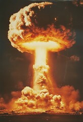 Obraz premium Explosive orange mushroom cloud rising above a cityscape, symbolizing destruction and intense power.