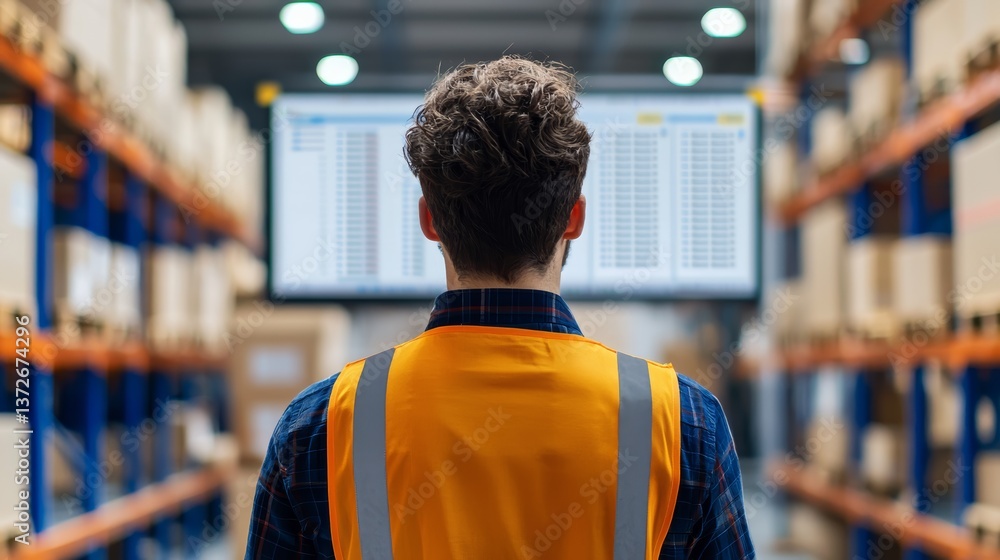 Poster warehouse worker analyzing inventory data industrial facility digital display efficient environment 