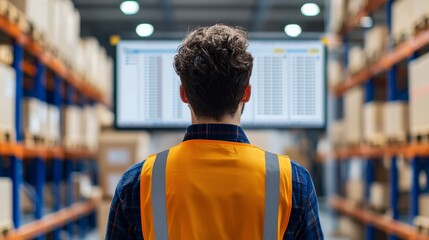 Warehouse worker analyzing inventory data industrial facility digital display efficient environment rear view supply chain management