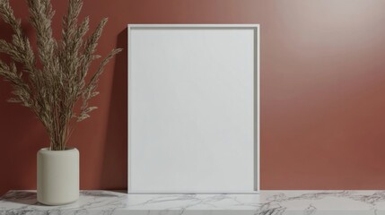 a picture frame on a marble table next to a plant