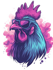A cool rooster head wearing oversized reflective sunglasses, exuding confidence and style. The rooster's feathers are meticulously detailed with vibrant colors, and its beak is sharp and defined