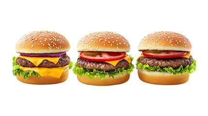 Three high-calorie cheeseburgers featuring melted cheddar cheese, fresh produce, and sesame buns are perfectly aligned.