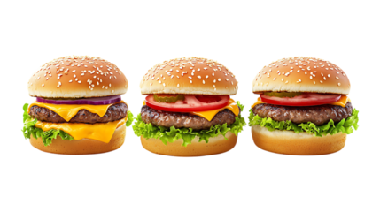 Cheeseburger Set in Three Different Poses on Transparent Background for Fast Food Branding, Menu Design, or Culinary Illustrations