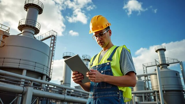 Industrial worker in safety gear examining tablet in front of gas processing facility against blue sky