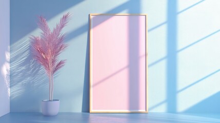 a pink plant in a white pot next to a pink picture frame