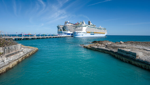 CocoCay, Bahamas &ndash; March 07, 2025:  Two Royal Cruise Ships moored at a port in CocoCay