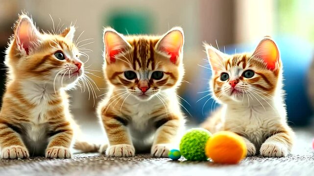 Silly kittens rolling, tumbling, and interacting with their toys in a fun-filled display of kitten antics
