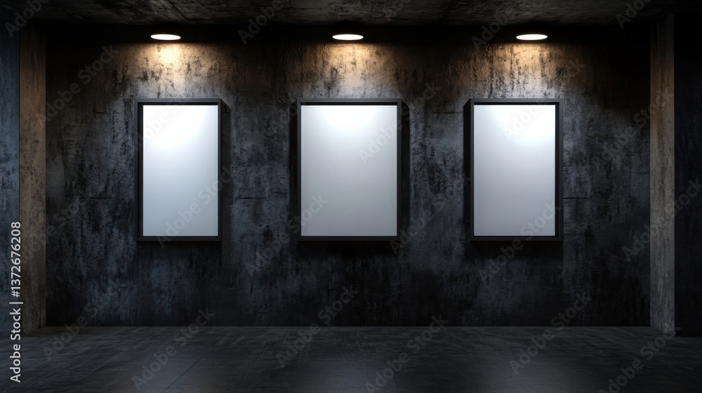 Aufkleber three empty frames in a dark room with light coming through them