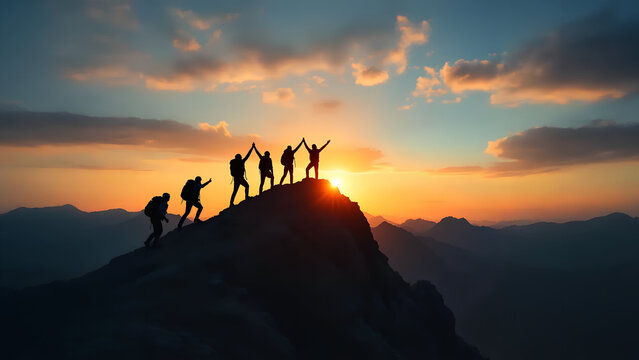 Silhouettes of hikers climbing a steep mountain at sunset, with some helping each other up and others raising their arms in triumph at the peak, set against a breathtaking sky with warm orange