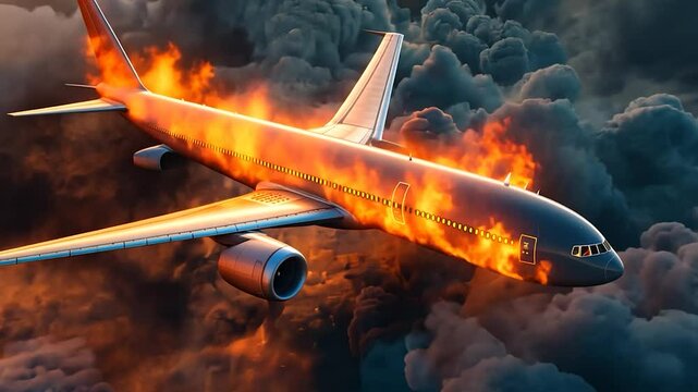 Fiery plane crash in turbulent clouds