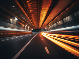 Fototapeta premium Long lights in highway tunnel creating an even illumination while traffic flows smoothly
