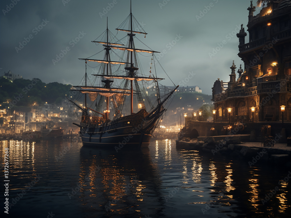 Poster active historic port with constant trade flowing showing strong commerce connection provided