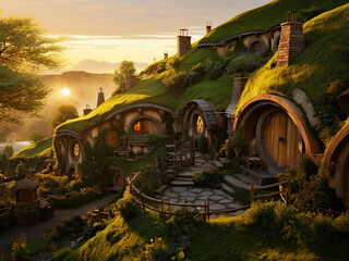 Hobbit-style village featuring round doors, grassy roofs, and flower gardens in sunset light