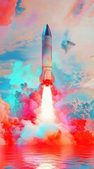 Vibrant, artistic rendition of a rocket launch, surrounded by colorful clouds and shimmering waters.
