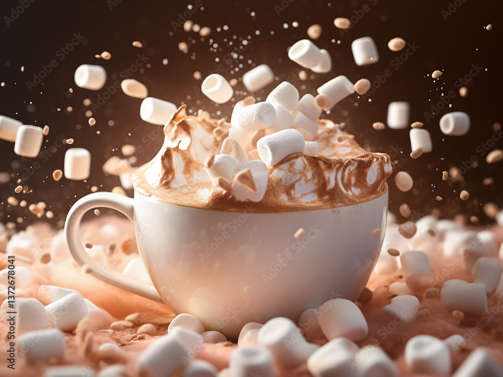 Poster hot cocoa steaming with marshmallows floating and soft cream swirling offering white warmth