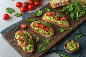 Flat lay of delicious bruschettas with toast, guacamole, basil and cherry tomatoes on wooden board served with arugula - generated by ai
