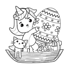 Easter coloring page with cute unicorn