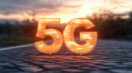 Texto iluminado 5G sobre superficie urbana al atardecer