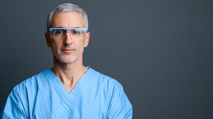 Fototapeta premium Confident Medical Professional in Blue Scrubs and Safety Glasses, Ready for Patient Care